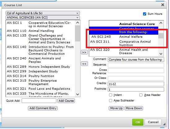 A view of a course list in edit mode showing AN SCI 245 indented; AN SCI 311 & 320 are not indented.