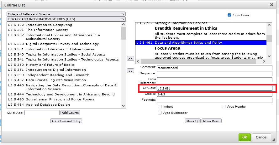 Shows an edited course list with L I S 461 selected and L I S 661 added in the Or Class field.