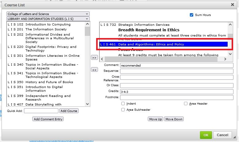 Shows an edited course list with L I S 461 selected.