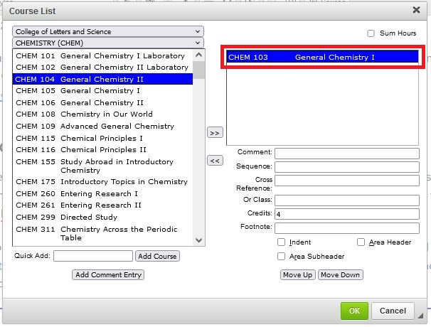 A course list where CHEM 103 has been added.