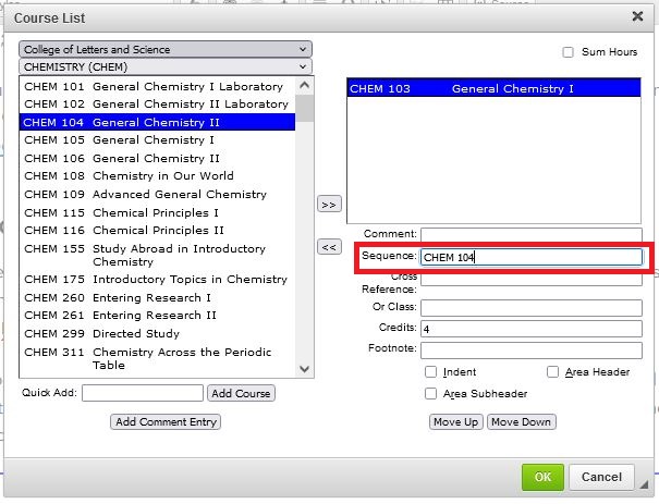 A course list where CHEM 104 has been added in the Sequence field associated with CHEM 103.