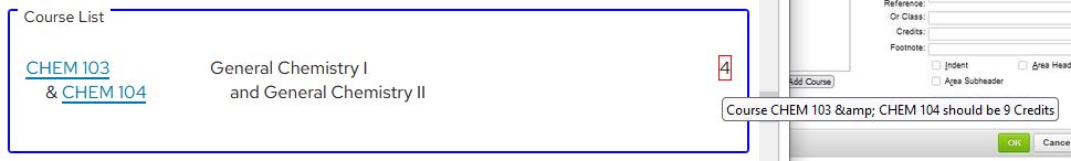 A course list showing an error of total credits, noting that this sequence should be 9 credits.