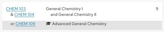 A course list displaying CHEM 103 & CHEM 104 as a requirement and CHEM 109 as an optional choice.