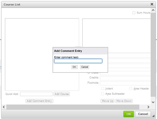 An image of the course list with a new window open "Add Comment Entry" with a box to enter text.