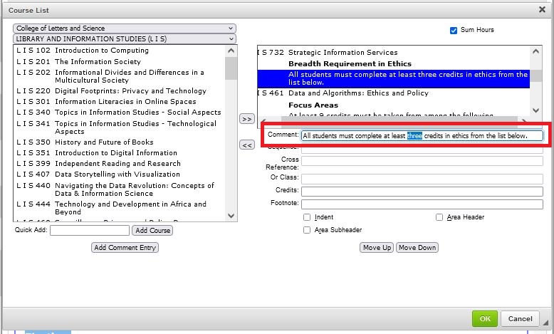 A course list with the existing text of "three credits"