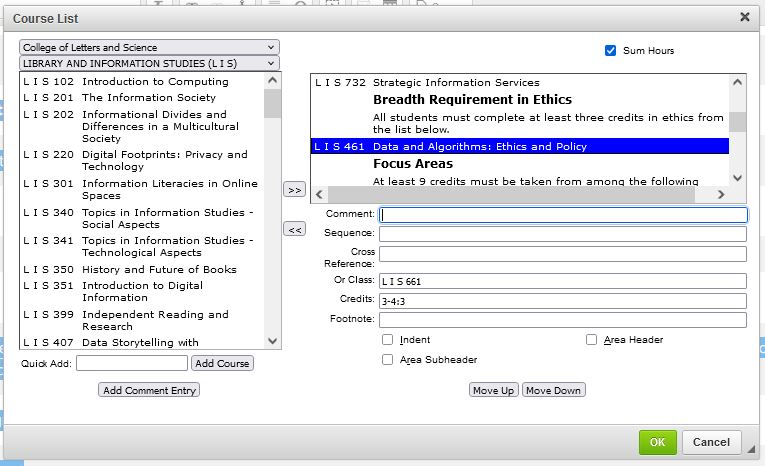 A course list table with the course L I S 461 selected; the comment field does not have text.