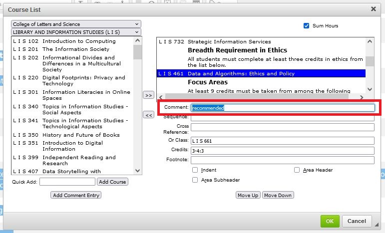 A course list table with the course L I S 461 selected; the comment field has text.