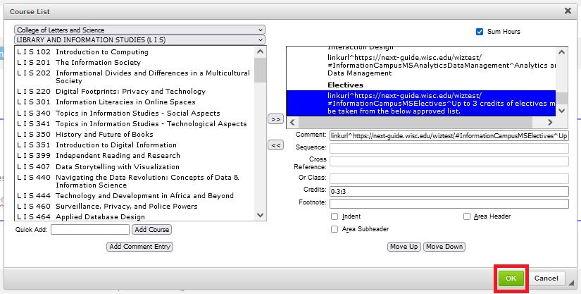 The edit course list window with the green OK button highlighted by a red box.