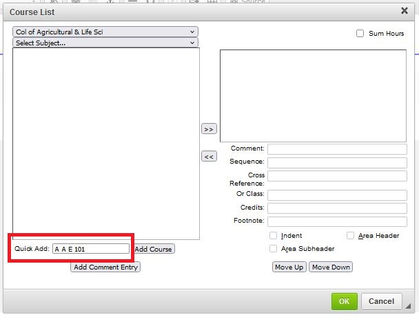 The Quick Add field with the course "A A E 101" entered.