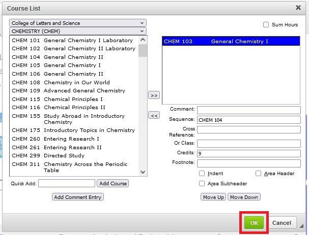 Shows the course list with the above changes and the green OK button highlighted with a red box.