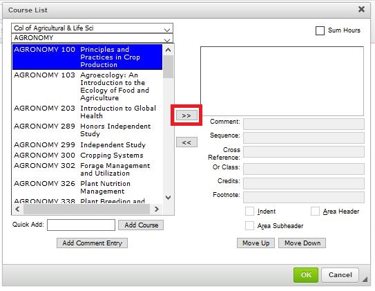 a red box around the double arrows pointing to the right in the middle of the course list builder.