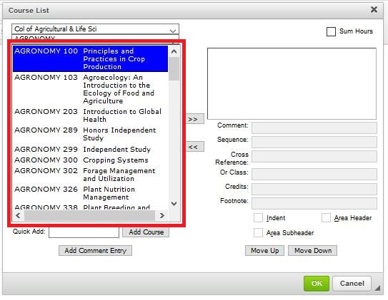 The available courses in the selected subject with a red box around it.