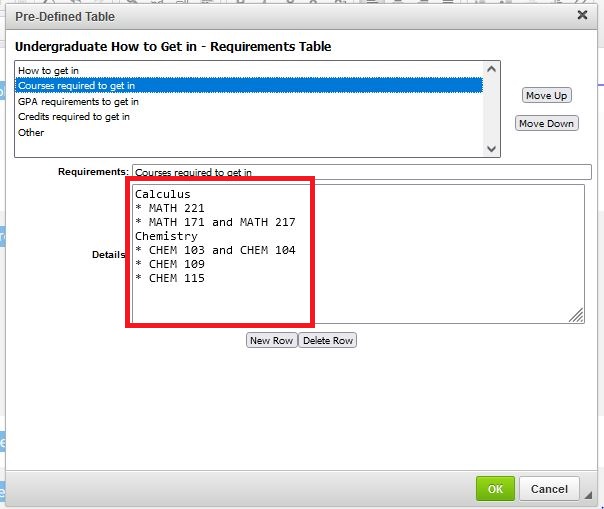 A screen shot of the Pre-Defined Table edit screen with Chemistry and CHEM courses added in the details field.