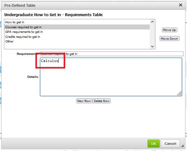 A screen shot of the Pre-Defined Table edit screen with the text "Calculus" entered in the Details field.