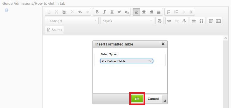 A screen shot of the Insert Formatted Table with the green OK highlighted by a red box.