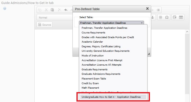 A screen shot showing the Pre-Defined table, select table drop-down displaying the options with the "Undergraduate How to Get in - Application Deadlines" highlighted by a red box.