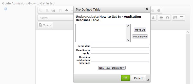 A screen shot of the pre-defined How to Get in Undergraduate deadlines table without any added content.