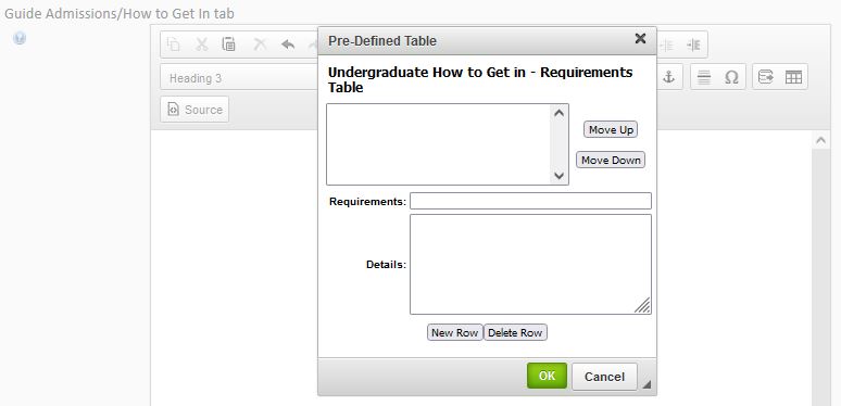 A screen shot of the pre-defined How to Get in Undergraduate requirements table without any added content.