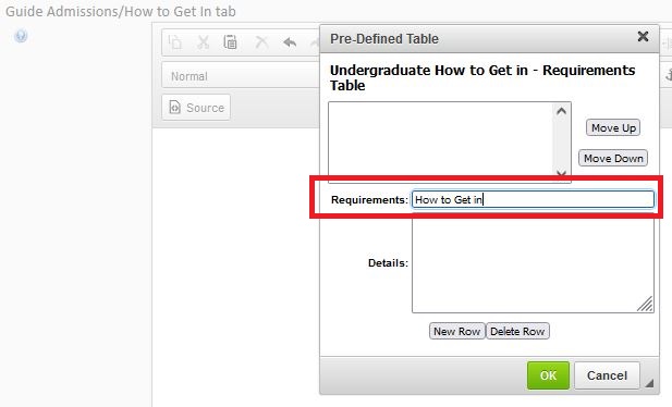 A screen shot of the Pre-Defined Table edit screen with "How to Get in" entered in the Requirements field.