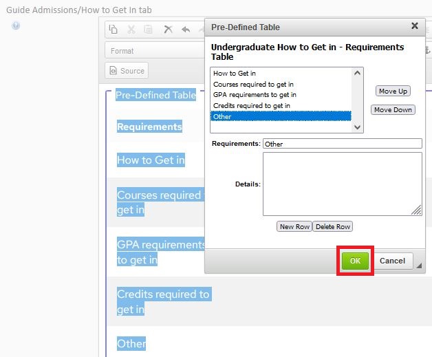 A screen shot of the Pre-Defined Table edit screen with a red box around the green "OK" button.