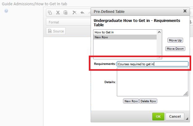 A screen shot of the Pre-Defined Table edit screen with "Courses required to get in" entered in the Requirements field.