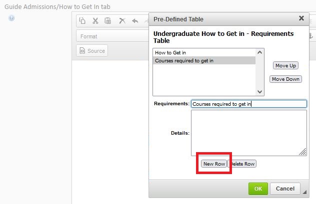 A screen shot of the Pre-Defined Table edit screen with a red box around the "New Row" button.