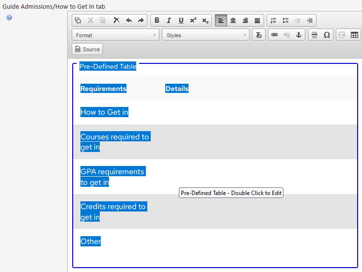 A screen shot of the Pre-defined table with a message stating "Pre-Defined Table - double click to edit"