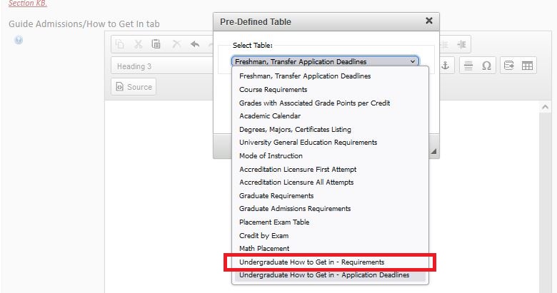 A screen shot showing the Pre-Defined table, select table drop-down displaying the options with the "Undergraduate How to Get in - Requirements" highlighted by a red box.