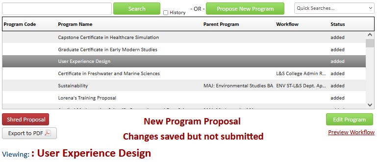A screen shot of the Lumen Programs landing page with a proposal selected not in workflow - the green button indicates the proposal can be edited.