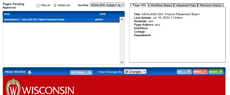 A screen shot of the Approve Pages Console with the proposal for ASIALANG 324 selected.