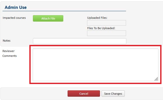 A screen shot of the Exam form in edit mode with the Reviewer Comments box highlighted by a red box.