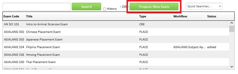 A screen shot showing the Lumen Exams landing page with a red box around the green "Propose New Exam" button.