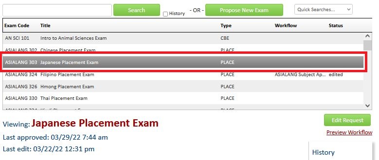 A screen shot of the Lumen Exams landing page with the proposal for ASIALANG 303 selected in the scrolly bar.