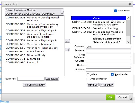 A screen shot of the course list editing screen with the "core" header selected showing the area header box checked.