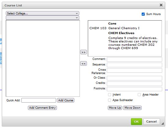 A screen shot of the course list editing screen with both the "core" and "chem electives" area headers identified by boldface text.