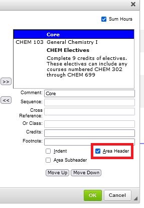 A screen shot of the course list editing screen with "core" selected showing the Area Header box checked.