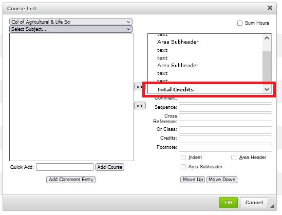 A screen shot of the course list editing screen with text set up as an area header to show total credits.