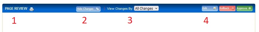The toolbar with numbers associated with the available options: print PDF; hide changes; view changes by; dropdown; and the actions of Edit, Rollback, Approve.