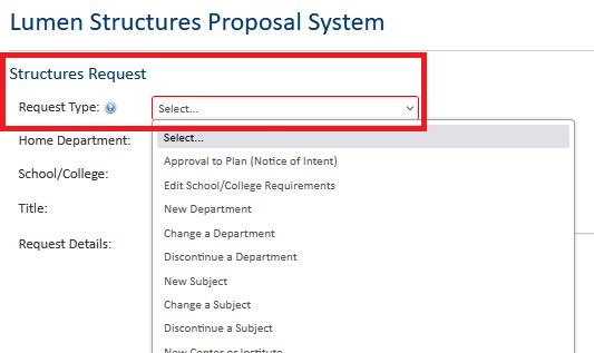 A screen shot of the Lumen Structures proposal showing some of the dropdown options for Request Type.