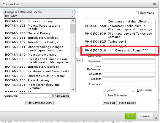 A screen shot of a course list table showing PHM SCI 510 as ***Course Not Found***
