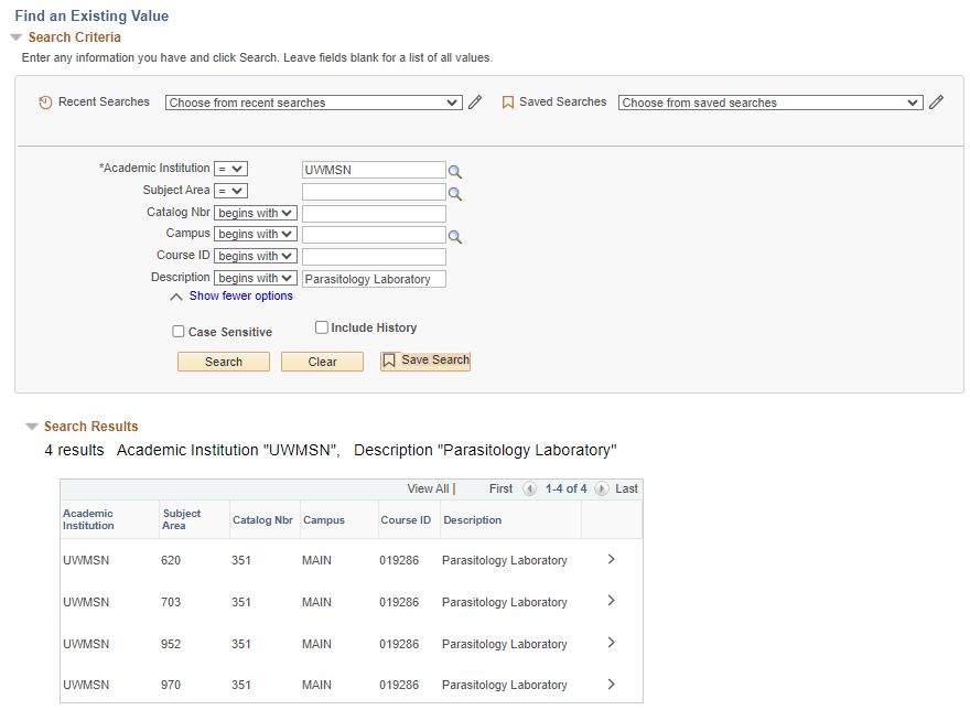 A screen shot of the SIS Course Catalog search screen with the course title entered with search results underneath it.