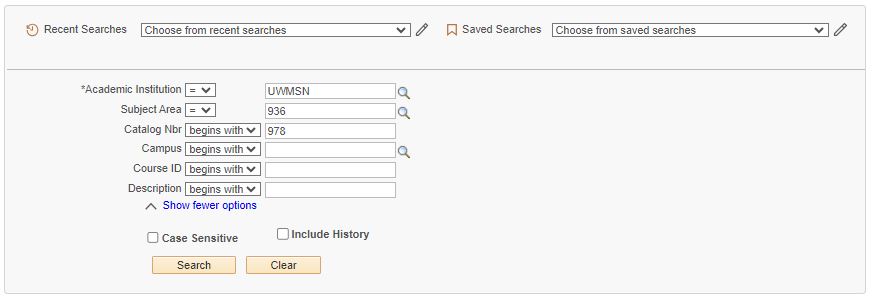 A screen shot of the SIS Course Catalog search screen with the subject number and catalog number entered.
