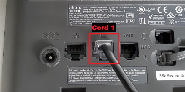 shows the first cord 1 plugged into the computer pass through port on back of the cisco phone