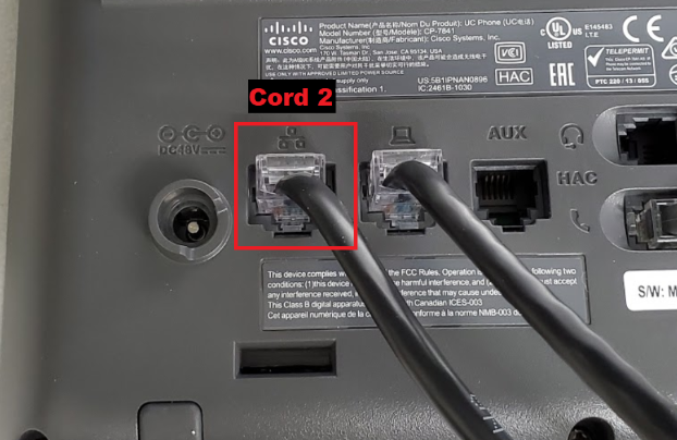shows cable labeled cord 2 plugged into the network port on the back of the phone with 3 box symbol labeled for network passthrough