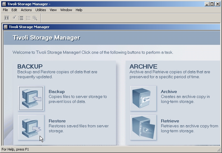 Tivoli Storage manager main menu