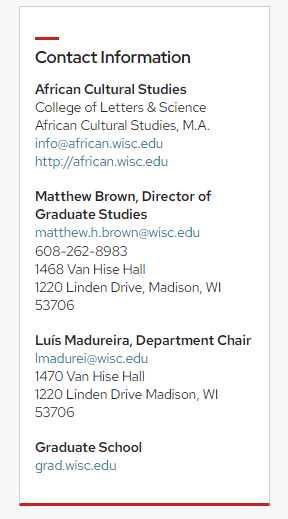 A screenshot of a box called "Contact Information" which contains contact information for the African Cultural Studies program.