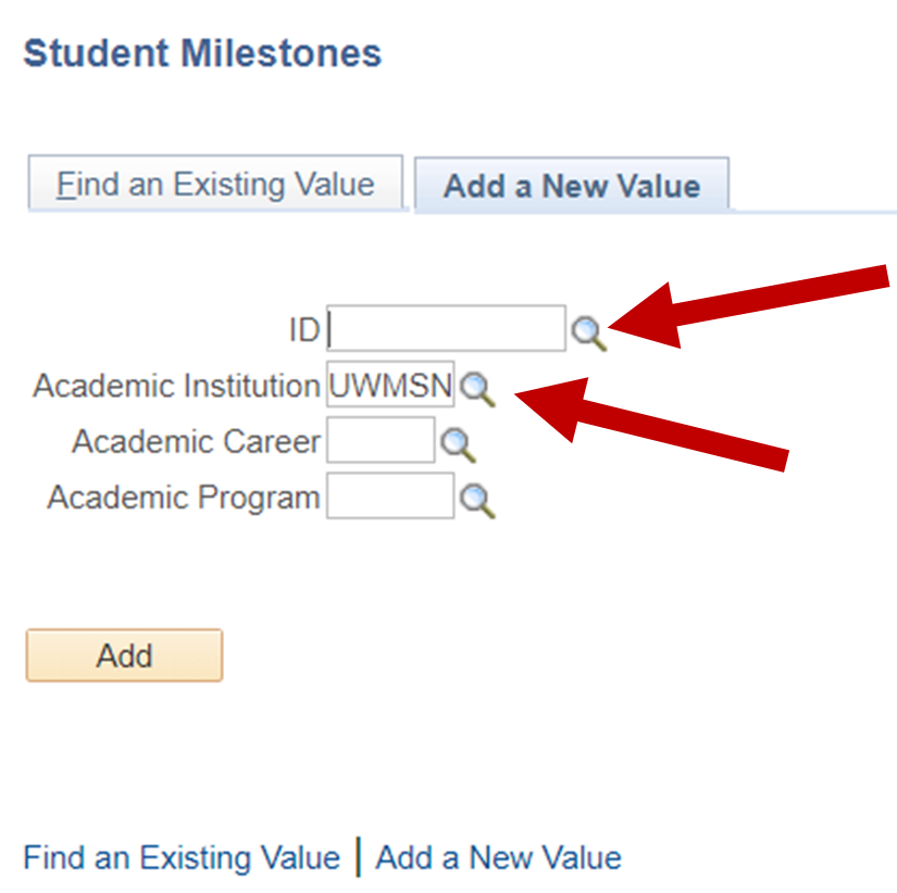 Student milestones page with arrows indicating the ID and Academic Institution fields