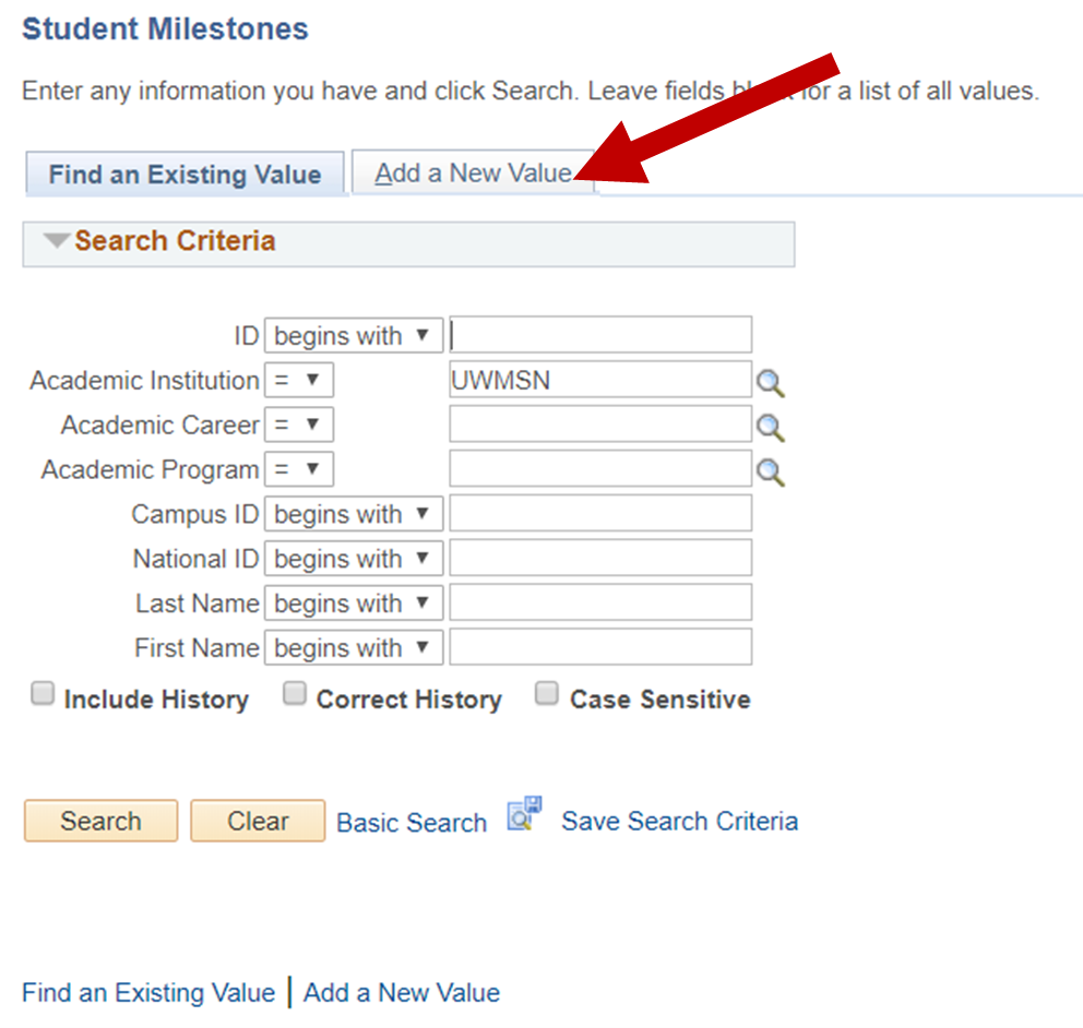 Student Milestones Search Page