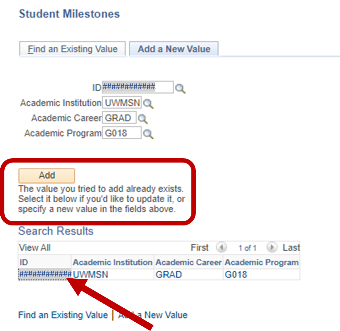 Student Milestones page with pop-up message after a search