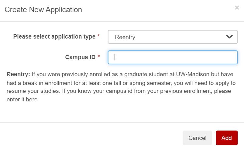 Screenshot of two dropdowns asking students to identify the application type as Reentry and Campus ID.